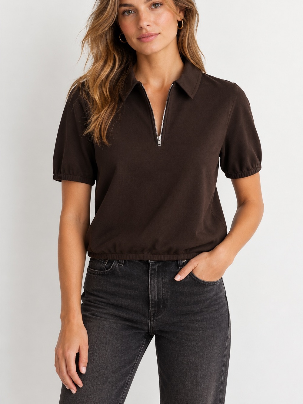 COS Womenโs Brown Short Sleeve Zip Polo Shirt Size Large *248
